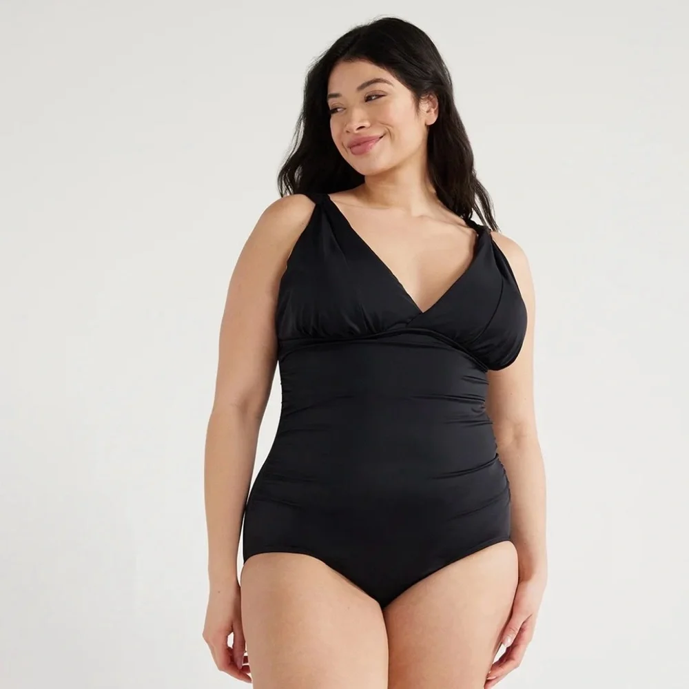 Time and Tru Women's Plunge One‎ Piece Slimming Swimsuit Black Size 16W